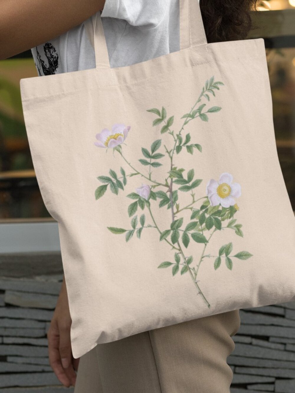 Pink Hedge Rose Vintage Floral Print Graphic Canvas Tote Bag